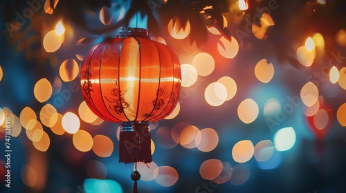 A red paper lantern with a glowing light inside hangs from a branch of a tree. The lantern is surrounded by out-of-focus lights.