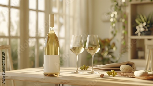 view, white wine. white label white Wine bottle mock - up in ASOS style in their home, boho style.