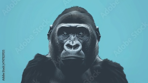A powerful gorilla stares into the camera with an intense gaze.