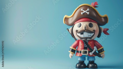 This is a 3D rendering of a cartoon pirate. He is wearing a red coat and a hat with a skull and crossbones on it.