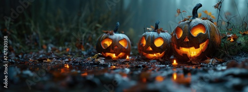  Path with Halloween pumpkins and lit candles. Created with Generative AI.
