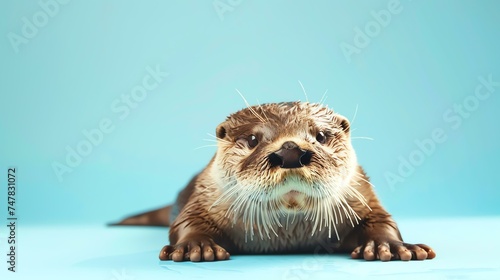A cute otter is looking at the camera with a curious expression on its face. It is standing on a blue background, and its fur is wet and glistening.