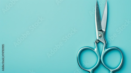 A pair of silver scissors on a blue background. The scissors are open and the blades are facing upwards. The handles are blue and have a shiny finish.