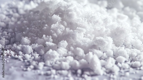 Close-up of a pile of white salt crystals. The salt crystals are in various sizes and shapes, and they are reflecting the light.