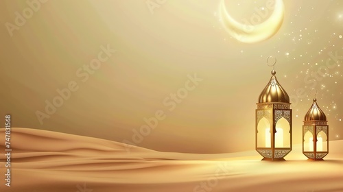 Ramadan Kareem. Vector illustration of a glowing arabic lantern in the desert with a crescent moon in the background.