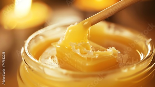 Close-up of a wooden dipper in a jar of golden honey with a blurred background.