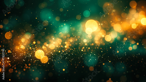 Enchanting Golden Bokeh Lights on a Dark Emerald Green Background, Abstract Festive Sparkle for Holiday, Celebration, or Elegant Event Backdrop