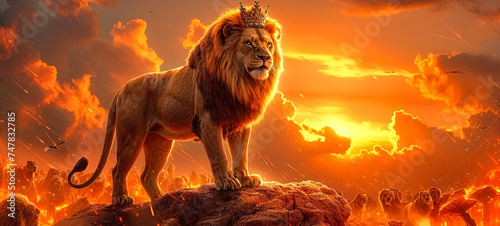 Majestic lion with a royal crown standing atop a rocky peak, against a dramatic fiery sunset sky, symbolizing power, royalty, and the king of the jungle