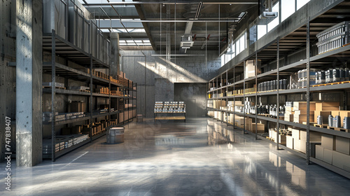 Modern Industrial Warehouse Interior with Rows of Shelves Filled with Boxes