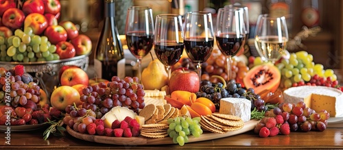 A wooden table is covered with a variety of fresh fruits, including grapes, apples, and strawberries, alongside bottles of wine and cheeses. The scene suggests a preparation for a party or gathering.
