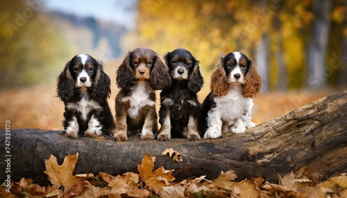 Puppy Pals: Playful Spaniels Enjoying Fall Foliage as They Stand Together by a Rustic Tree Trunk"