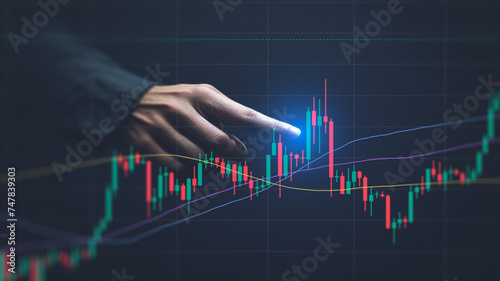 A businessman's hand is pointing at a stock market chart. Illustration of a double exposure of a candlestick with a finger pointing toward the chart. AI-Generated