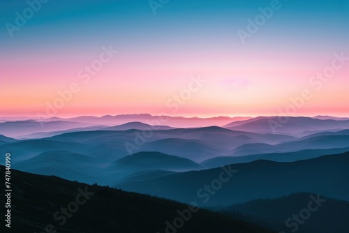 The sun is descending behind the mountains in the distance, casting a warm glow over the landscape, Serene sunset over a tranquil mountain range, AI Generated
