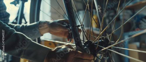 Detail-oriented mechanic fine-tunes a bicycle in a creative workshop.