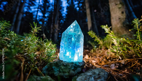 Blue crystal in the forest. Fantasy concept. 3D Rendering