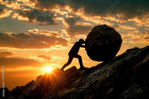 Person Pushing a Large Rock Up a Steep Mountain Path, Silhouette of a businessman pushing a boulder uphill symbolizing struggle in business, AI Generated