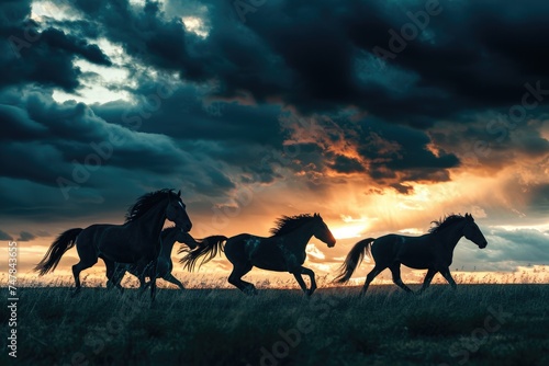 A large group of horses galloping energetically across a green field, their hooves kicking up dust as they run, Silhouettes of wild horses running against stormy skies, AI Generated