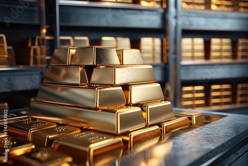 A photo of a bunch of gold bars stacked on top of each other, creating a solid and shimmering wall of wealth, Silver and gold bars stacked in a bank vault for wealth concept, AI Generated