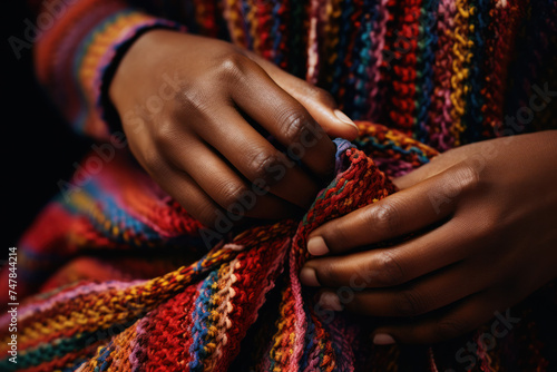 Artisan hands knitting colorful patterned fabric. Craftsmanship and handmade work.