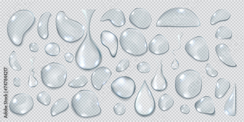 Transparent water drops realistic vector illustration set. Fresh fluid shapes collection. Clear liquid droplets 3d elements on transparent background