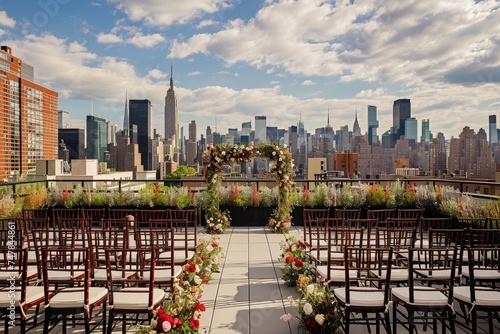 An outdoor ceremony is set up on a rooftop, offering a stunning view of the cityscape, Skyline view of a metropolitan city from a rooftop wedding ceremony setting, AI Generated