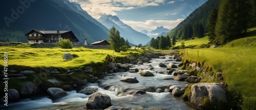 Scenic Swiss River Landscape with Charming Houses, Canon RF 50mm f/1.2L USM Capture