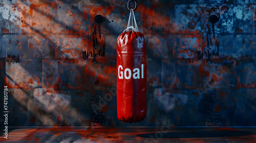 heavy punching bag with word “Goal” on minimal background, setting goals and planning leads to success