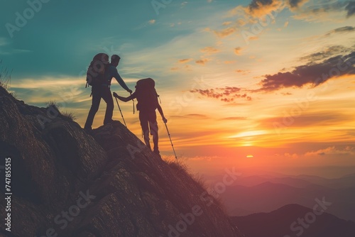 A couple of hikers standing on the summit of Mount Everest, surrounded by snow-covered peaks, Symbol of friendship reflected in a hiker encouraging his friend to aim for the top, AI Generated