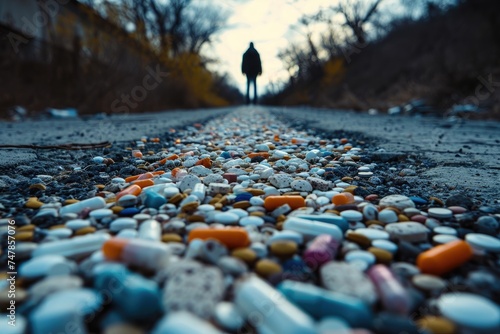 A man standing on a road with a large quantity of pills scattered on the side, The destructive path of opioid abuse, AI Generated