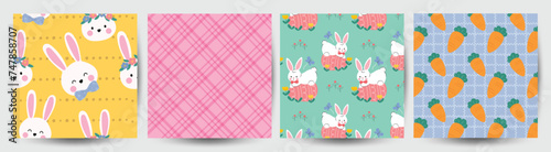 Happy Easter seamless pattern vector. Set of square cover design with easter egg, rabbit, flower, carrot. Spring season repeated in fabric pattern for prints, wallpaper, cover, packaging, kids, ads.