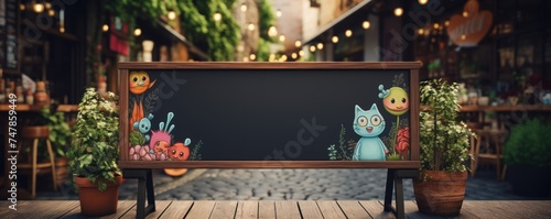 Empty blackboard sign mockup in front of a restaurant Menu board with a street cafe or restaurant