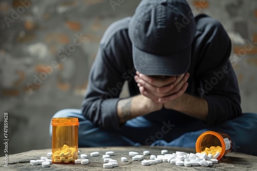 A man sitting on a table while pills are placed in front of him, The societal consequences of opioid addiction, AI Generated