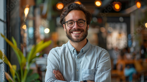 A friendly man with glasses and a beard, crossing his arms and smiling warmly in a cafe