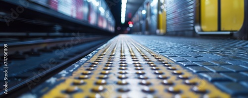 Subway platform perspective with tactile paving and motion-blurred train. Urban transportation concept with a focus on accessibility