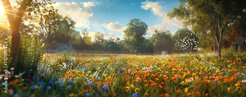 Sunset over a blooming field with a diverse array of wildflowers. Nature landscape for environmental concepts and outdoor beauty.