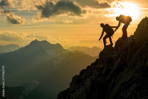A couple of climbers ascending the steep granite face of Mount Everest, showcasing their determination and skills, Two adventurers, one helping the other to reach the mountain crest, AI Generated