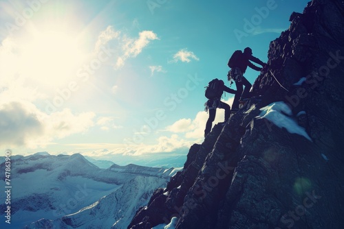 A group of determined and skilled climbers scaling the challenging slopes of a mountain, Two mountain climbers on a challenging climb, one aiding the other to the top, AI Generated