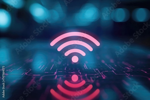 A detailed view of a Wi-Fi symbol displayed on a digital device, representing a wireless internet connection, Undemanding wireless network hotspot signals, AI Generated