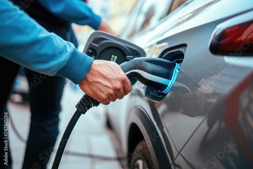 A person wearing a blue shirt pumps gas into a silver sedan at a busy gas station, Up close image of hands plugging a charger into an electric vehicle, AI Generated