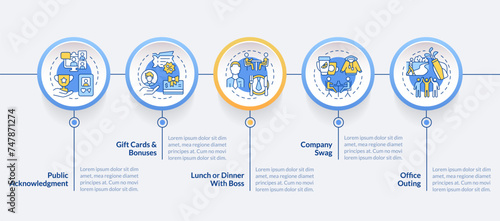 Employee recognition ideas blue circle infographic template. Data visualization with 5 steps. Editable timeline info chart. Workflow layout with line icons. Lato-Bold, Regular fonts used