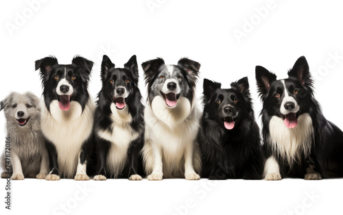 A group of dogs, of various breeds and sizes, sit closely next to each other on the ground. Their tails wag and ears perk up as they look in different directions, displaying a range of expressions.