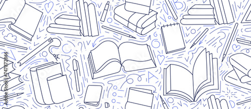 Open book to read, seamless doodle pattern Library