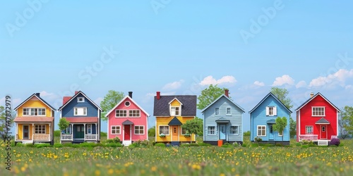 A Vibrant Spectrum of Cheerful Houses Lining a Blossoming Suburban Street, Generative AI