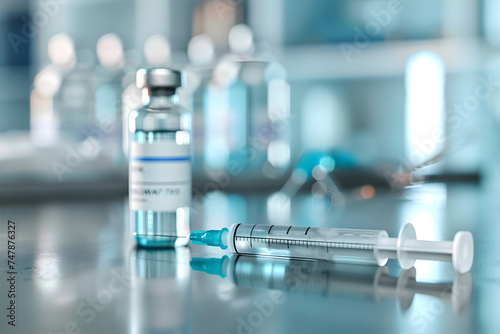 Close up of medicine vial, vaccine ampoule with syringe and needle for vaccination and immunization on blurred laboratory background, medicine and drug concept.