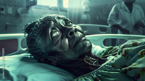 african old woman lying on the bed in the hospitals and the doctors in the background