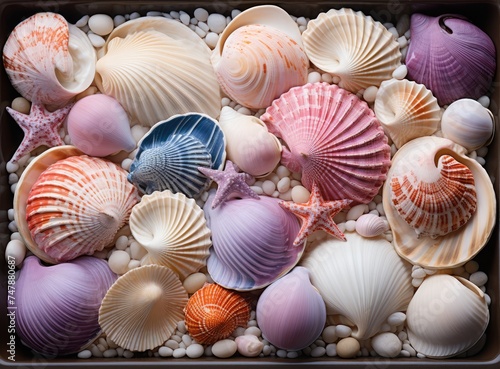 Beautiful shells and starfish. Souvenirs from the ocean.