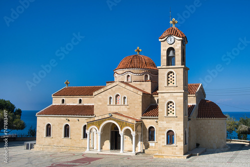 The Greek-Orthodox church of Agios (Saint) Raphael (built in 1991 in Byzantine style) in the village of Pachyammos, district of Nicosia, Cyprus. 