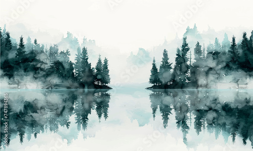 minimalistic watercolor background border with space for text, tranquil lake amidst the forest. The sky and trees reflect on the water's surface 