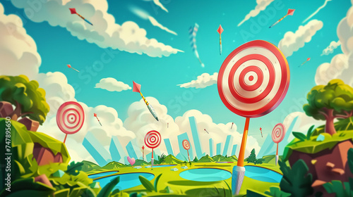 A whimsical backdrop background featuring darts scattered around a unique cartoon world