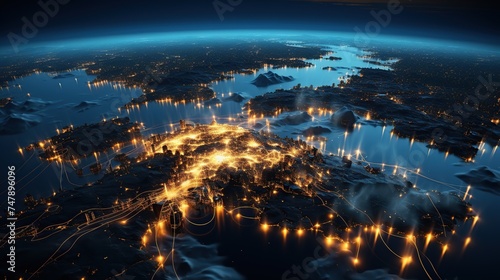 Futuristic technology background with world map and glowing lights.